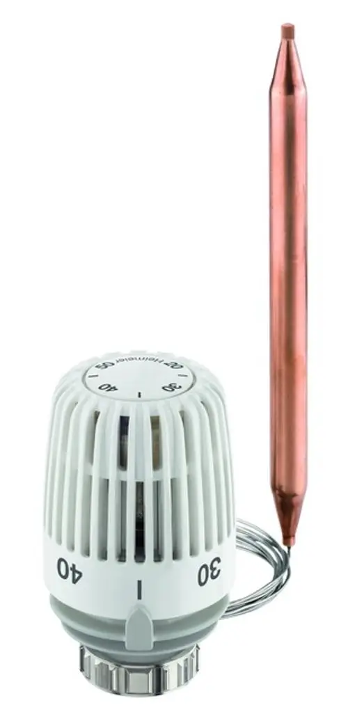 Thermostatkopf von IMI Hydronic Engineering in Weiß mit Temperatureinstellung von 20 bis 50 Grad C. Zudem ist ein Wärmeleitsockel in Kupfer zu sehen.